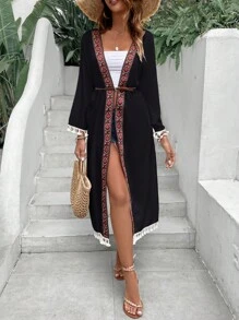 Contrast Geo Tape Tassel Trim Kimono - Black - View 4