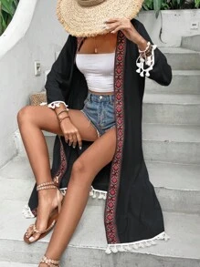 Contrast Geo Tape Tassel Trim Kimono - Black - View 6
