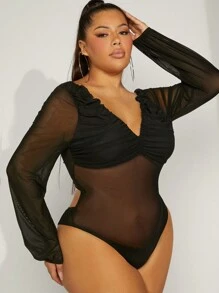 Hauture Plus Sexy Ruched Mesh Cut Out Back Bodysuit - Black - View 1