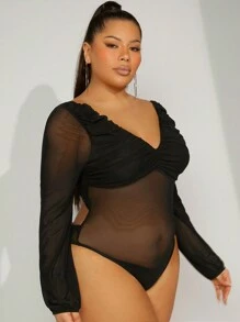Hauture Plus Sexy Ruched Mesh Cut Out Back Bodysuit - Black - View 4