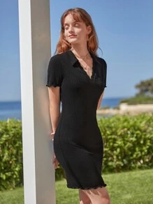 SHEIN Frenchy Lettuce Trim Ribbed Knit Bodycon Dress - Black - View 5