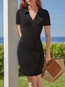 SHEIN Frenchy Lettuce Trim Ribbed Knit Bodycon Dress - Black - View 6