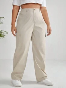 SHEIN EZwear 大碼側翻蓋口袋長褲 - 卡其色 - 查看 1