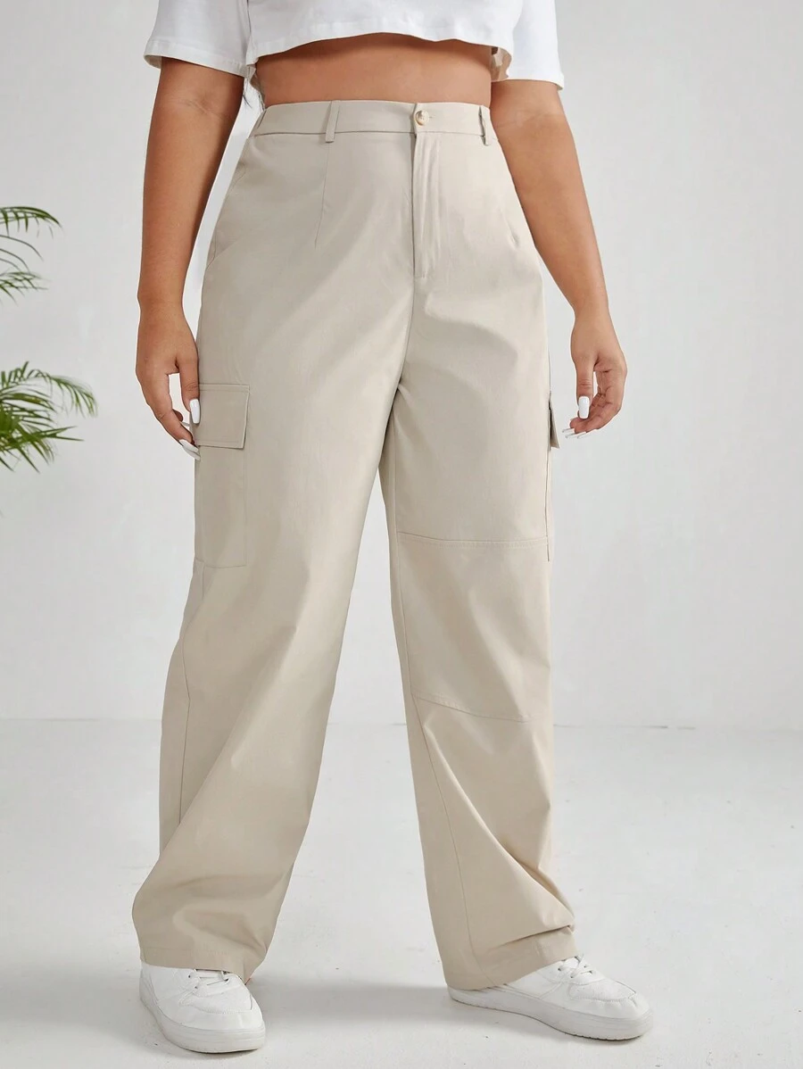 SHEIN EZwear 大碼側翻蓋口袋長褲 - 卡其色 - 查看 1