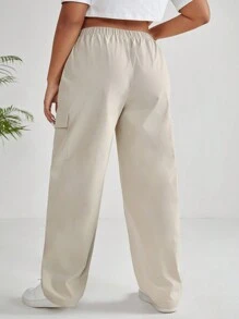 SHEIN EZwear 大碼側翻蓋口袋長褲 - 卡其色 - 查看 2