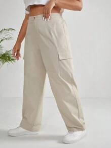 SHEIN EZwear 大碼側翻蓋口袋長褲 - 卡其色 - 查看 3