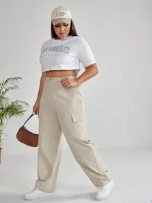 SHEIN EZwear 大碼側翻蓋口袋長褲 - 卡其色 - 查看 4