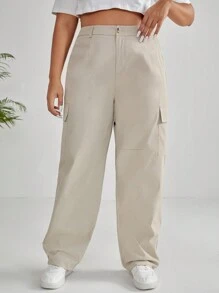 SHEIN EZwear 大碼側翻蓋口袋長褲 - 卡其色 - 查看 5