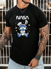 Manfinity 男士棉卡通和字母圖案T恤 - 黑色 - 查看 1