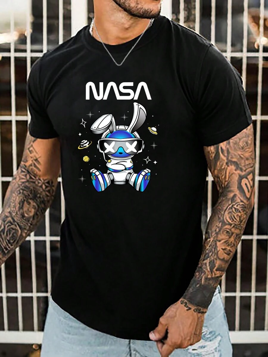 Manfinity 男士棉卡通和字母圖案T恤 - 黑色 - 查看 1