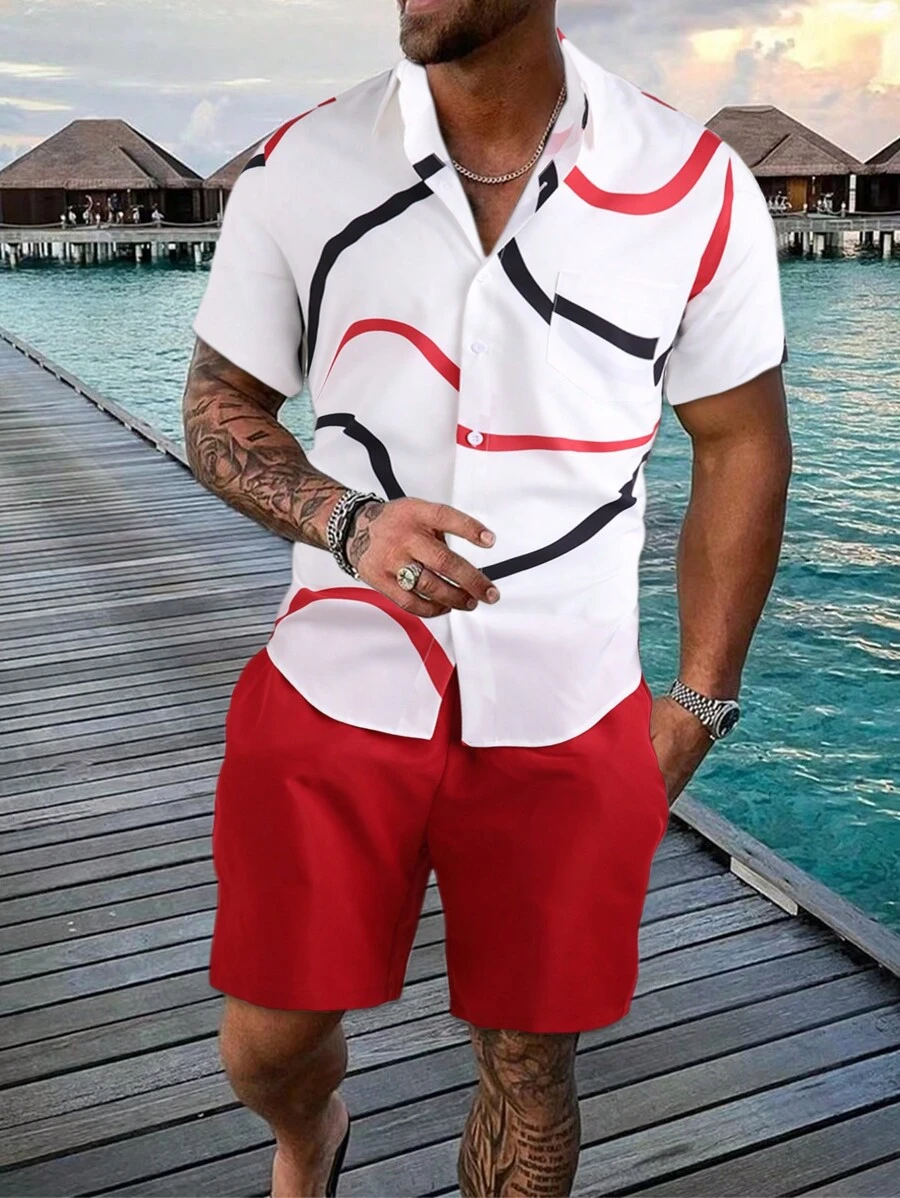 Manfinity RSRT Men Graphic Print Shirt & Shorts Set, Cozy Outfits - Red and White - View 1
