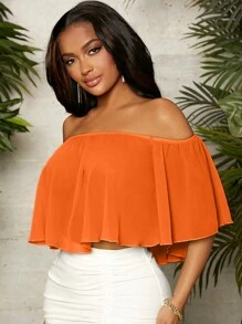 SHEIN SXY Blusa de hombros descubiertos unicolor - Naranja - Ver 3