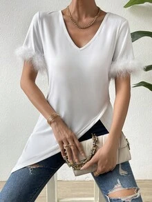 SHEIN Privé 毛茸茸袖口不對稱下擺T恤 - 白色 - 查看 4