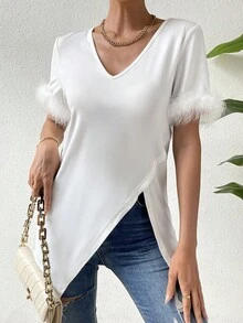 SHEIN Privé 毛茸茸袖口不對稱下擺T恤 - 白色 - 查看 6