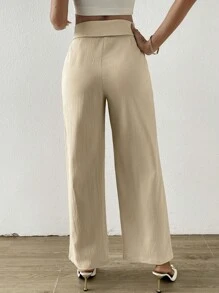 SHEIN Privé 素色斜口袋闊腿西裝褲 - 卡其色 - 查看 2