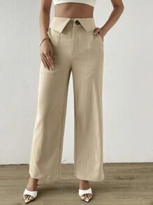 SHEIN Privé 素色斜口袋闊腿西裝褲 - 卡其色 - 查看 4