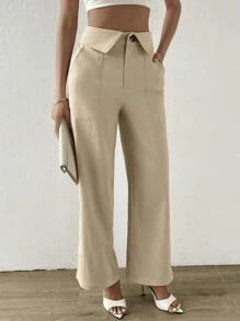 SHEIN Privé 素色斜口袋闊腿西裝褲 - 卡其色 - 查看 6