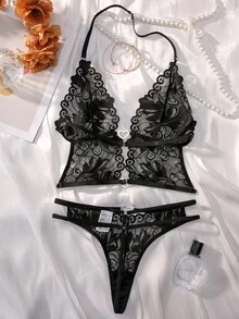 Floral Lace Halter Lingerie Set - Black - View 7