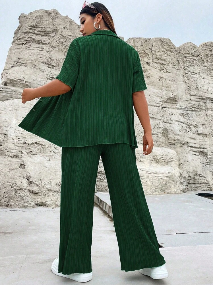 Flirla พลัส สีพื้น กระดุมด้านหน้า เสื้อเชิ้ต & กางเกงขากว้าง - สีเขียวขี้ม้า - ดู 2