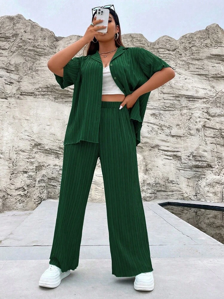 Flirla พลัส สีพื้น กระดุมด้านหน้า เสื้อเชิ้ต & กางเกงขากว้าง - สีเขียวขี้ม้า - ดู 4