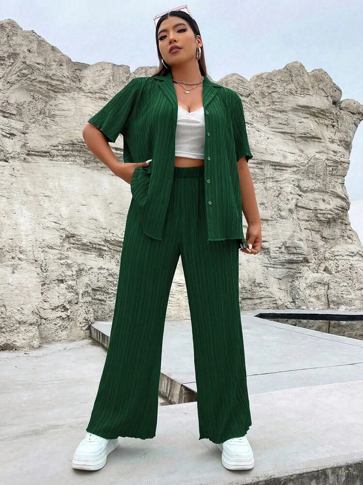 Flirla พลัส สีพื้น กระดุมด้านหน้า เสื้อเชิ้ต & กางเกงขากว้าง - สีเขียวขี้ม้า - ดู 6