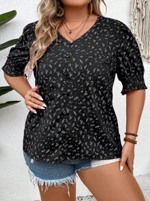 SHEIN LUNE Plus Ditsy Floral Print Puff Sleeve Blouse - Black - View 1