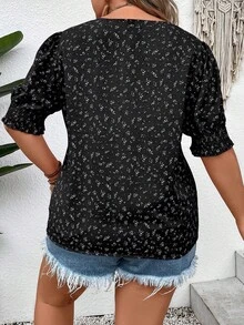 SHEIN LUNE Plus Ditsy Floral Print Puff Sleeve Blouse - Black - View 2
