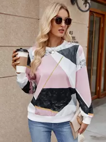 SHEIN LUNE 色塊拼接圖案落肩袖運動衫 - 彩色 - 查看 1