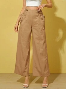 SHEIN Essnce Quần nữ Ren lên Dây kéo màu trơn Giải trí - Lạc đà - Xem 1