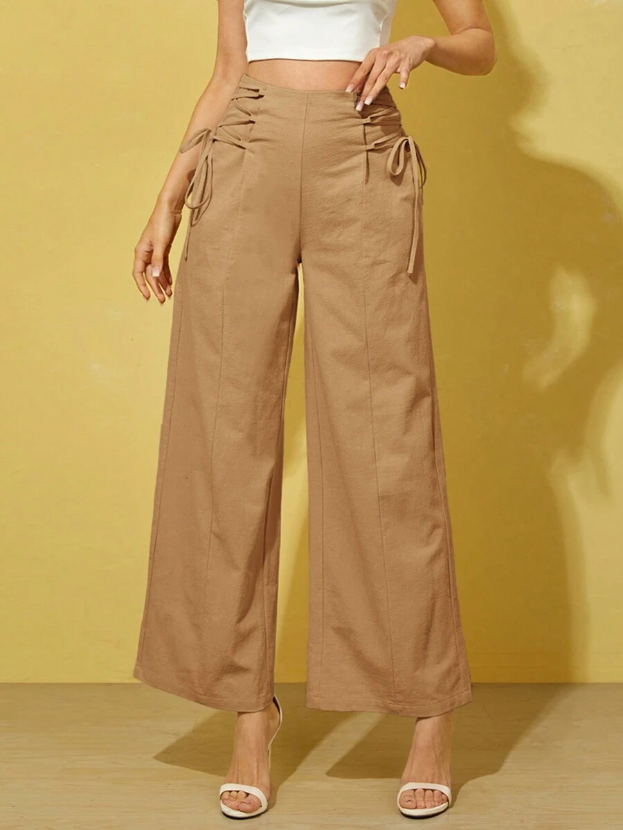 SHEIN Essnce Quần nữ Ren lên Dây kéo màu trơn Giải trí - Lạc đà - Xem 1