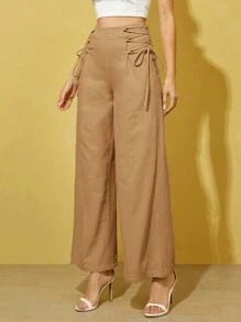 SHEIN Essnce Quần nữ Ren lên Dây kéo màu trơn Giải trí - Lạc đà - Xem 3