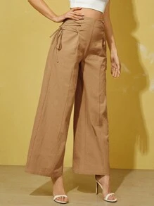 SHEIN Essnce Quần nữ Ren lên Dây kéo màu trơn Giải trí - Lạc đà - Xem 4