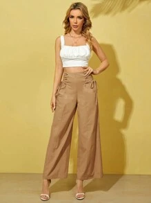 SHEIN Essnce Quần nữ Ren lên Dây kéo màu trơn Giải trí - Lạc đà - Xem 5