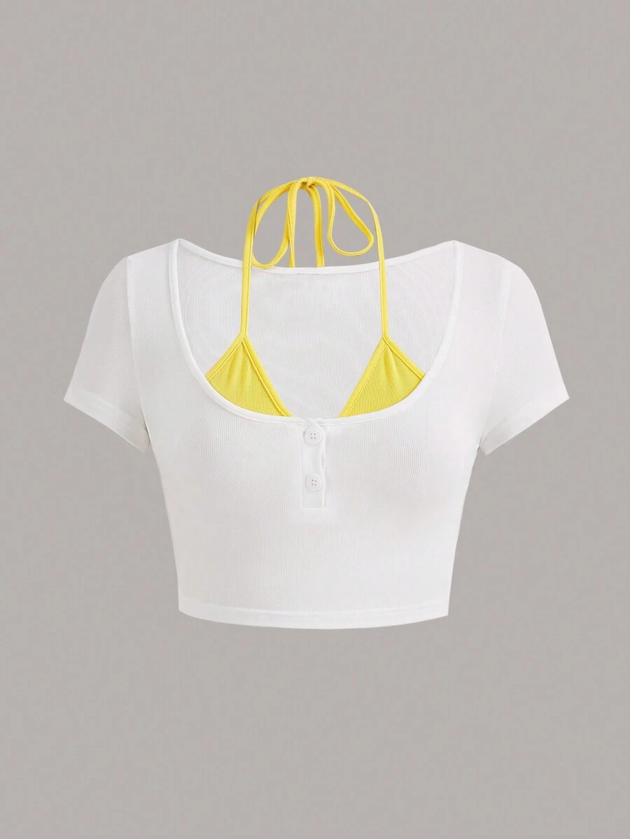 SHEIN ICON 雙色後綁帶短款T恤 - 白色 - 查看 1