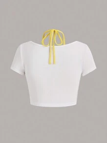 SHEIN ICON 雙色後綁帶短款T恤 - 白色 - 查看 2