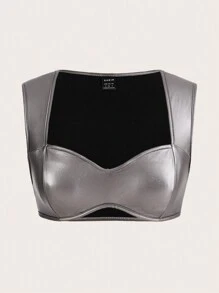 SHEIN ICON Solid Crop PU Tank Top - Silver - View 1