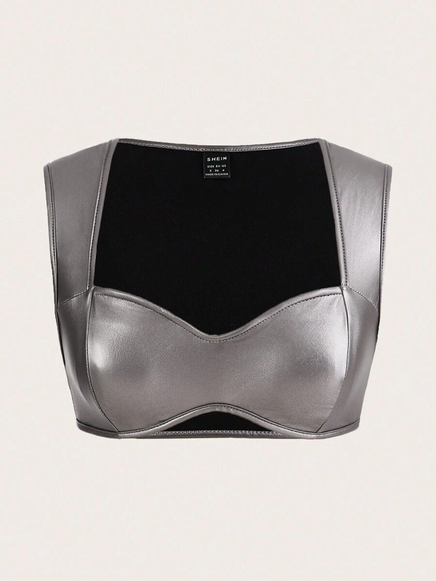 SHEIN ICON Solid Crop PU Tank Top - Silver - View 1