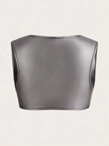 SHEIN ICON Solid Crop PU Tank Top - Silver - View 2