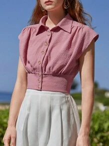 SHEIN Frenchy Solid Button Front Shirt - Dusty Pink - View 1