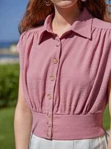 SHEIN Frenchy Solid Button Front Shirt - Dusty Pink - View 4