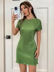 SHEIN EZwear Summer Emerald Green DressSolid Lettuce Trim Dress - Green - View 1
