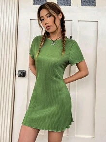 SHEIN EZwear Summer Emerald Green DressSolid Lettuce Trim Dress - Green - View 6