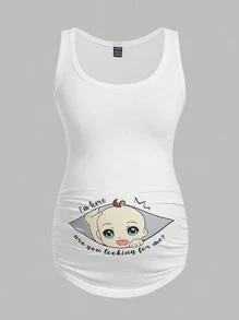 SHEIN Thai sản Đồ họa hoạt hình và khẩu hiệu Áo ba lỗ - trắng - Xem 5