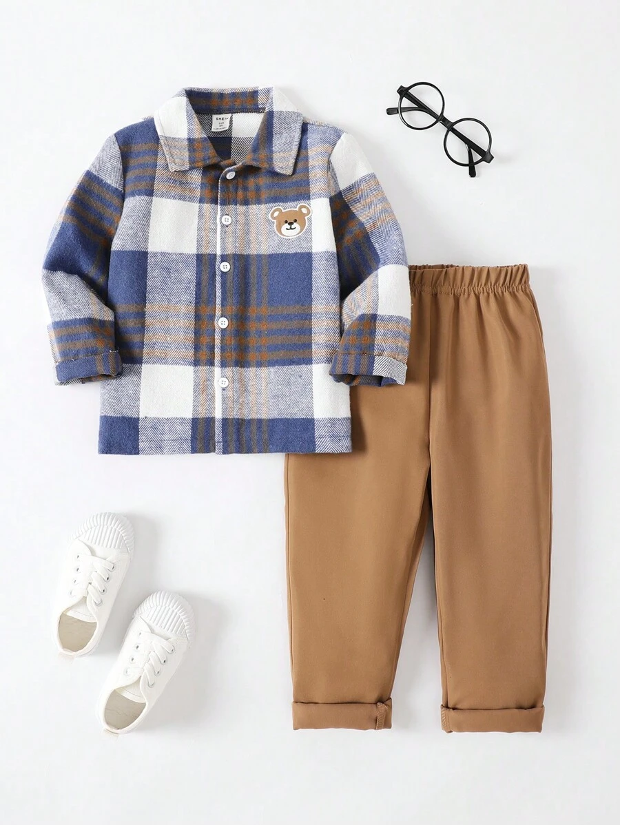 SHEIN Chàng trai trẻ In kẻ sọc Áo sơ mi & Quần - Nhiều màu - Xem 1