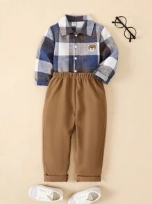 SHEIN Chàng trai trẻ In kẻ sọc Áo sơ mi & Quần - Nhiều màu - Xem 3