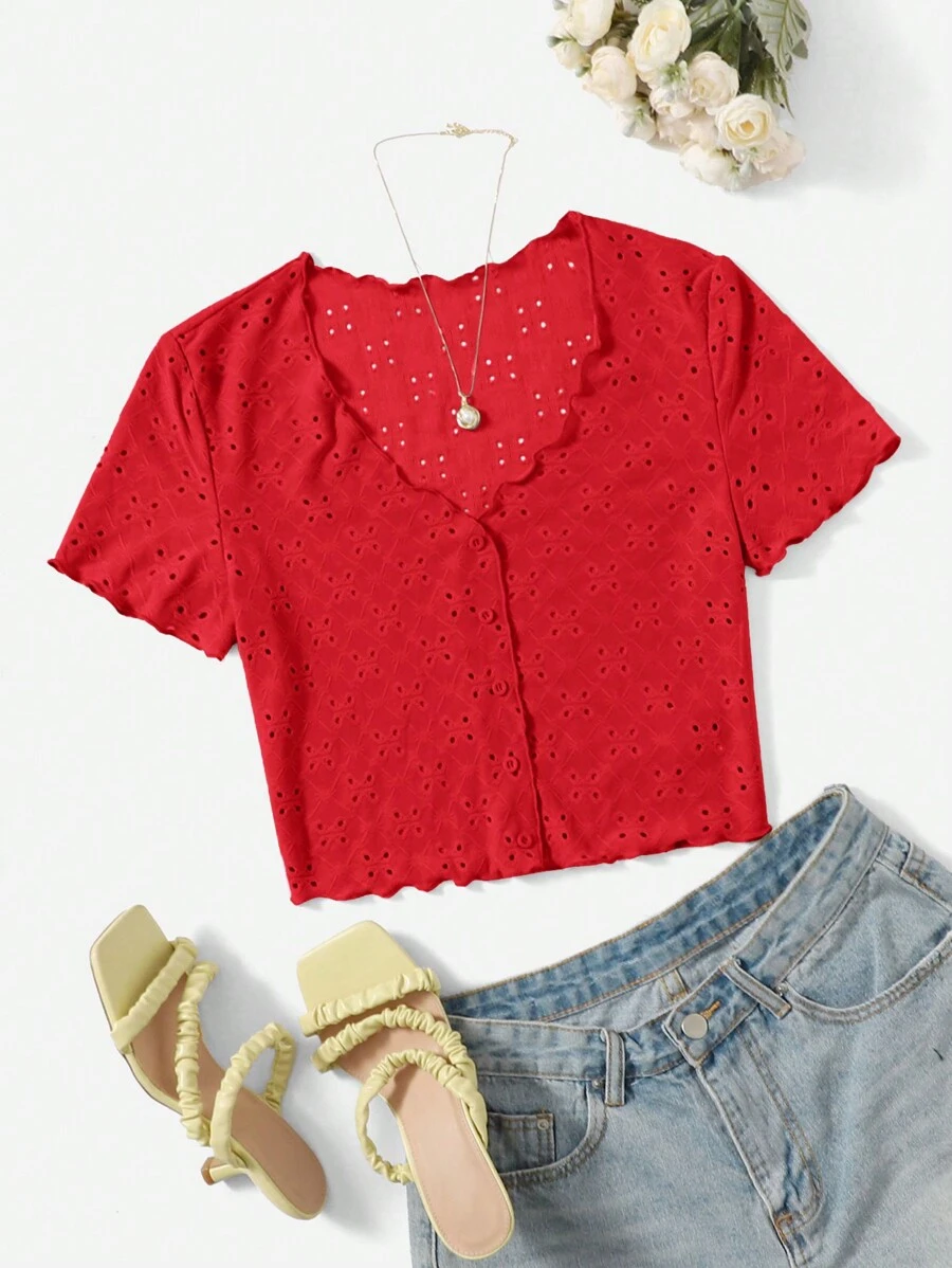 SHEIN EZwear Áo thun Plus size Xù nhỏ Nút phía trước Tranh thêu màu trơn Giải trí - Đỏ - Xem 1