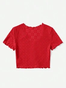 SHEIN EZwear Áo thun Plus size Xù nhỏ Nút phía trước Tranh thêu màu trơn Giải trí - Đỏ - Xem 2