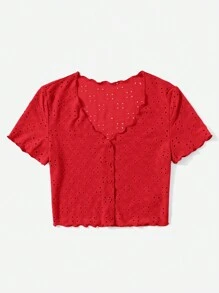 SHEIN EZwear Áo thun Plus size Xù nhỏ Nút phía trước Tranh thêu màu trơn Giải trí - Đỏ - Xem 3