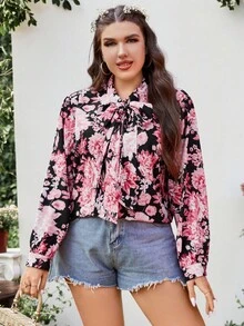 SHEIN Clasi 大碼印花繫帶領襯衫 - 彩色 - 查看 3