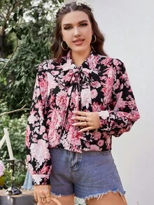 SHEIN Clasi 大碼印花繫帶領襯衫 - 彩色 - 查看 4